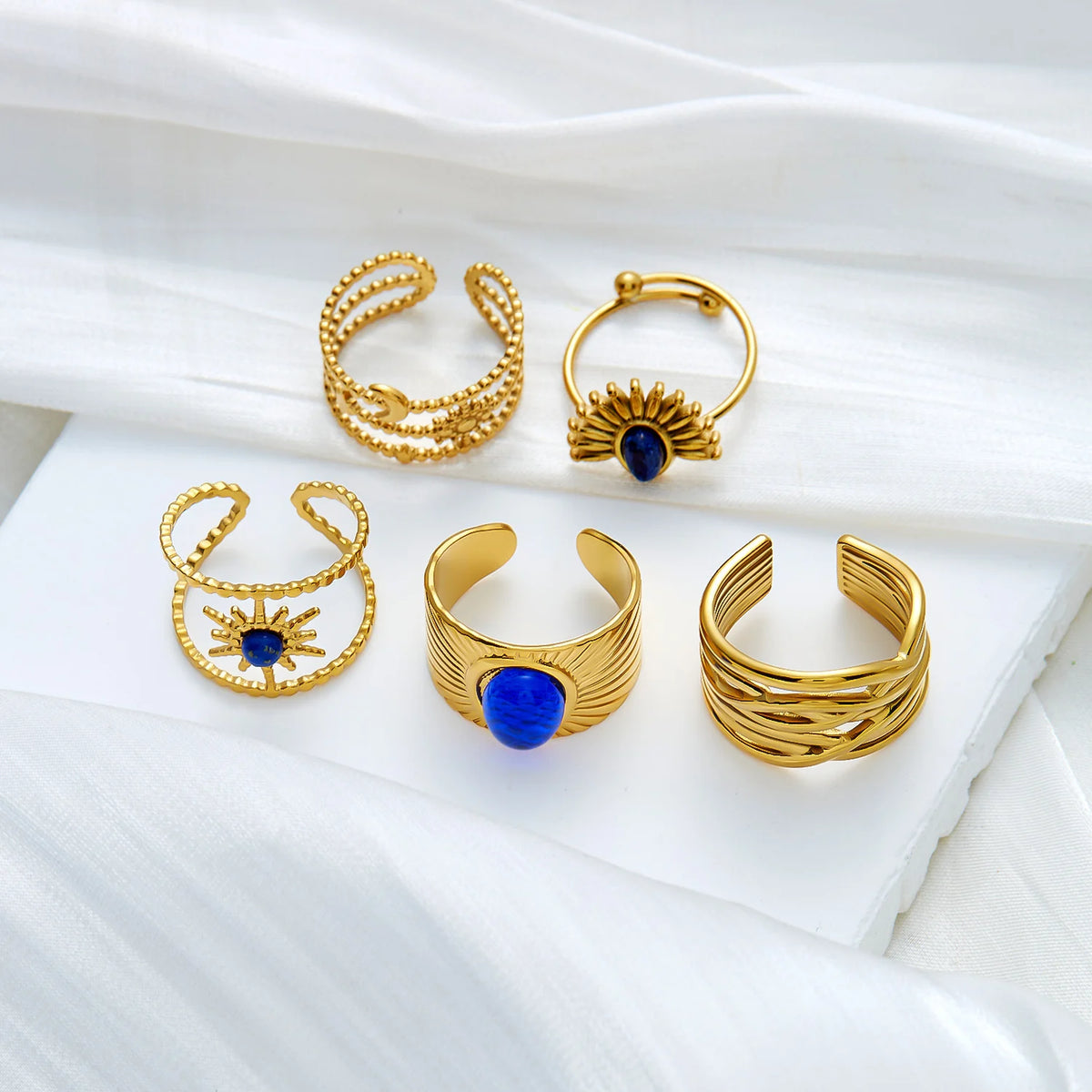 Stainless Steel Vintage Style Sun Eye Sapphire Open Ring French Hollow Star Moon Stacking Finger Rings