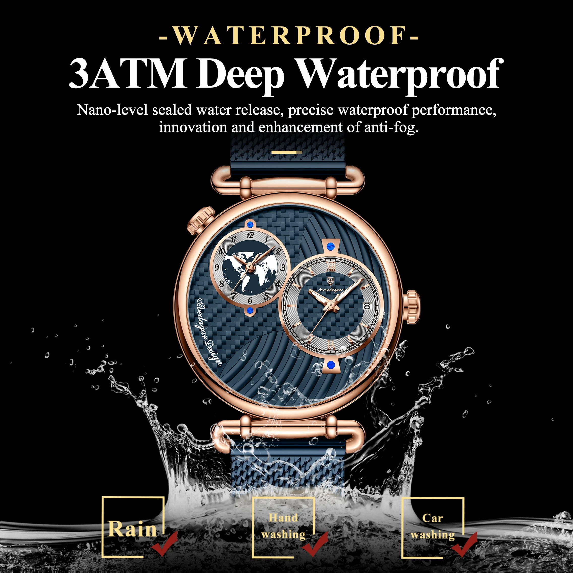 POEDAGAR Original Fashion Man Wristwatch Multiple Time Zone Display Waterproof Calendar Men Watch Mesh Stainless Steel Quartz Business Men's Watches Reloj