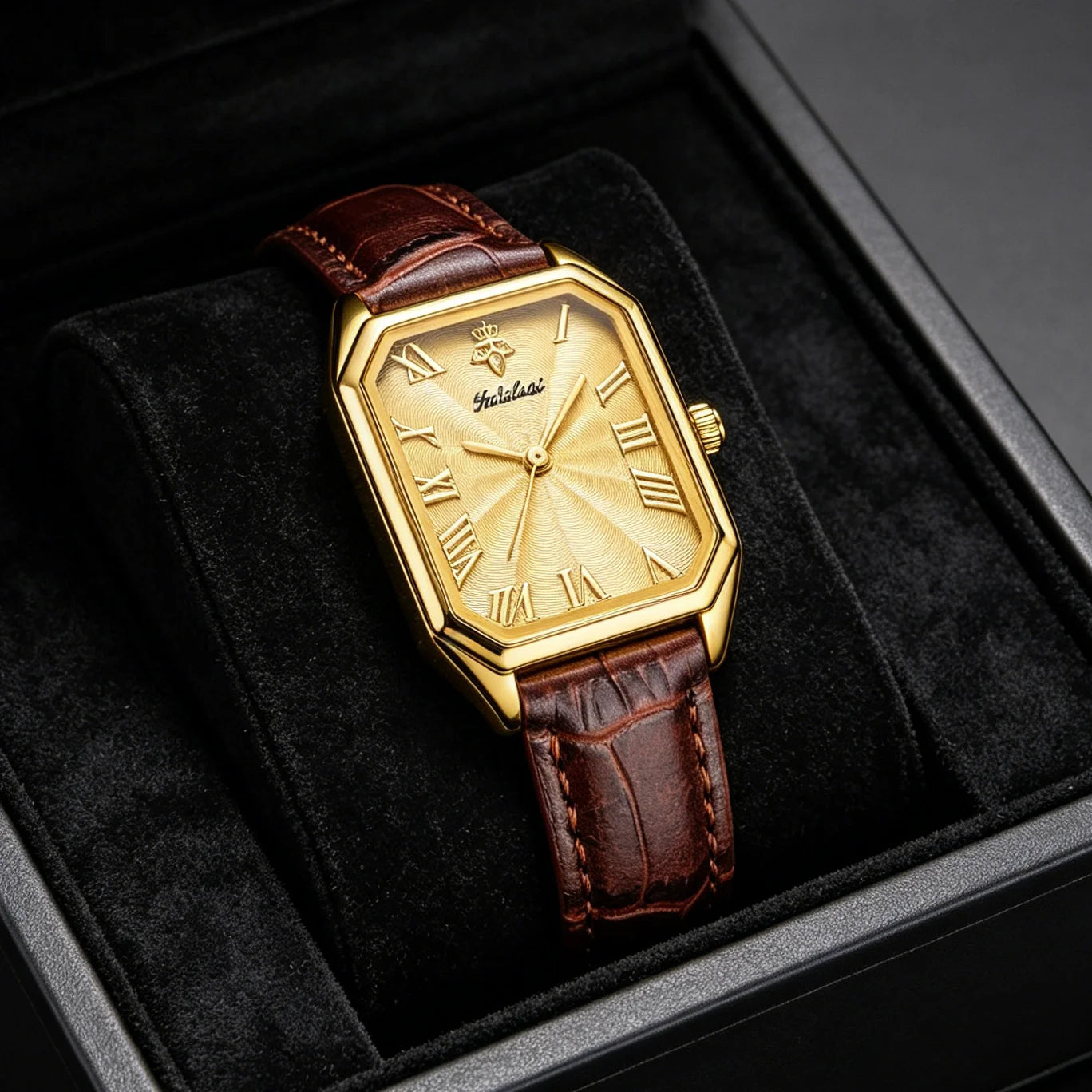 Vintage Gold Ladies Wristwatch Slim Octagon Rectangle Case Textured Sunburst Dial Roman Scale Brown Retro Leather Band Fashion Quartz Watch For Daily Work Casual Outfits