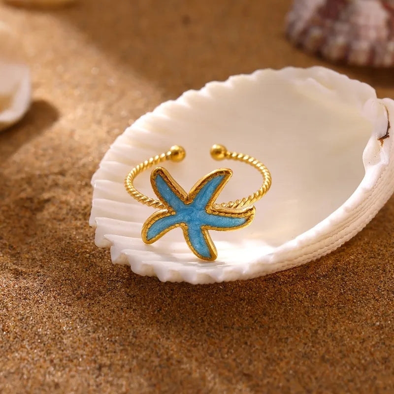 Drip waterproof starfish open ring, fashionable and elegant party stainless steel golden color ring, women's party holiday daily jewelry accessories gift