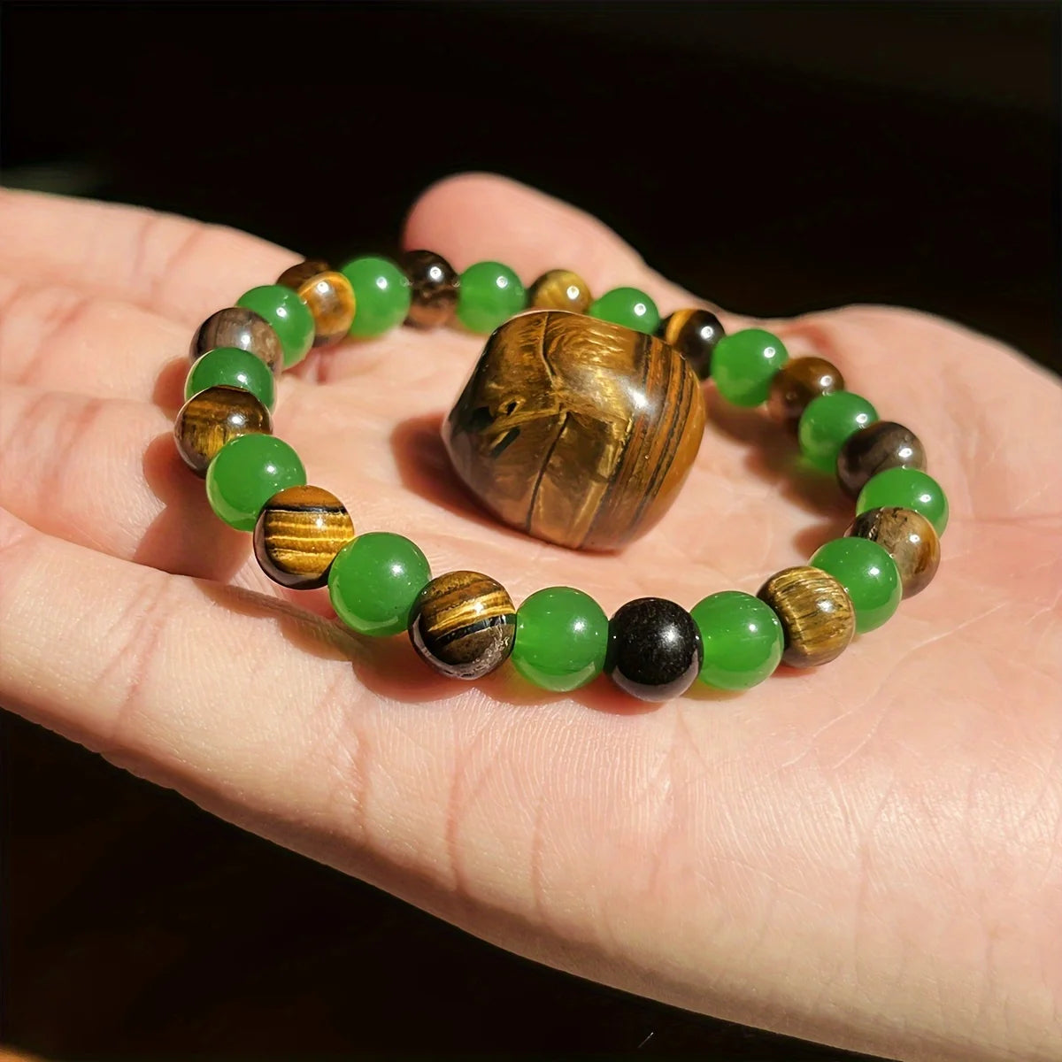 2 8mm Lucky Bracelets with 8mm Tiger Eye and Green Aventurine - Handcrafted Natural Crystal Beads to Help Relax, Attract Wealth and Relieve Anxiety - Vintage Bohemian Style