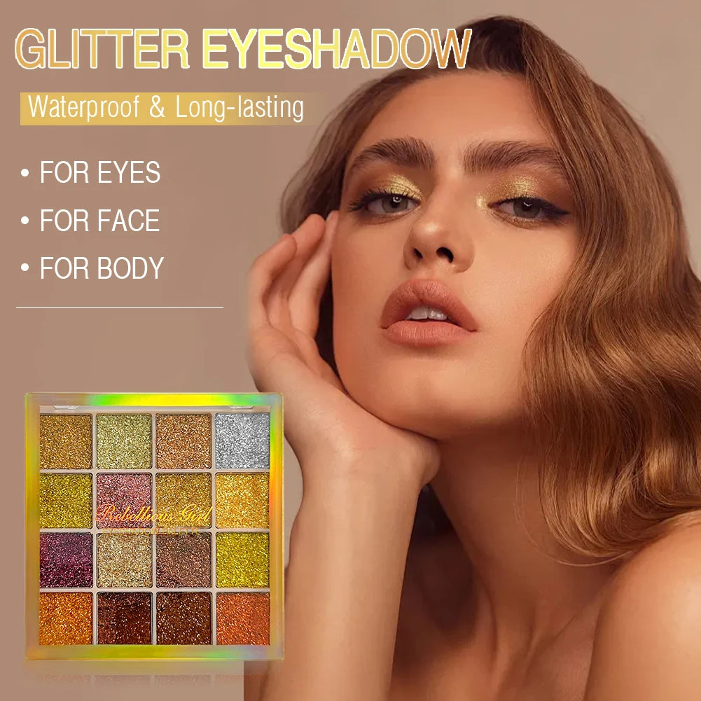 16 Colors Ultra Sparkle Glitter Eyeshadow Palette Waterproof Long-Lasting Highly Pigmented Shimmer Makeup,Party Cosmetics mbzr