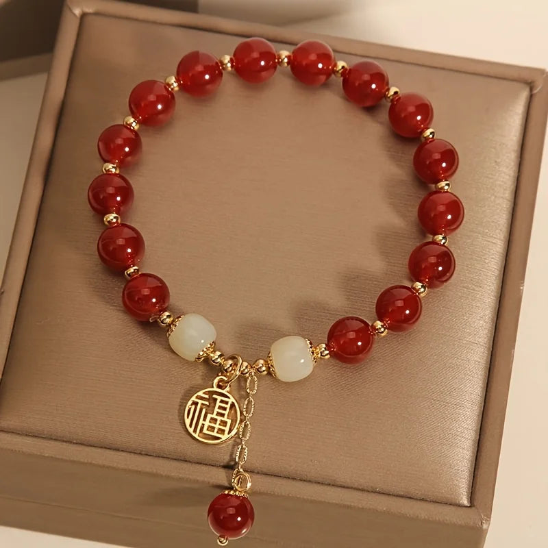 1 piece Chinese women's lucky bracelet - red lucky character auspicious beads, smooth spherical beads, elegant vintage jewelry gifts, auspicious for Mother's Day, birthday and daily wear
