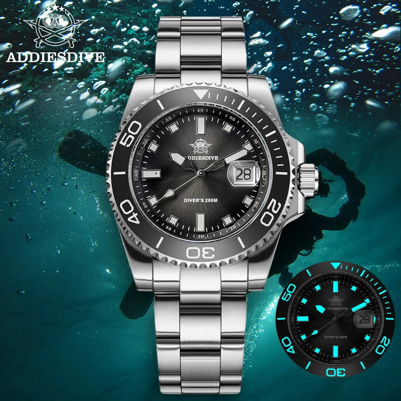 ADDIESDIVE 2026 New Men's Diving Watch 200M Waterproof BGW9 Super Blue Luminous Quartz Wristwatch Stainless Steel Sport Watches
