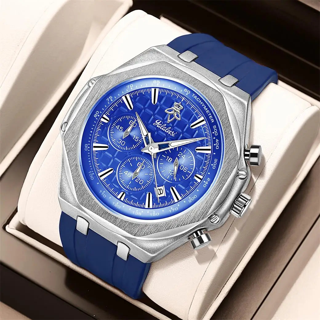 YaLaLuSi Silver Octagon Blue Chronograph Men Watch Tachymeter Silicone Strap Sport Quartz Wristwatch With Gift Box