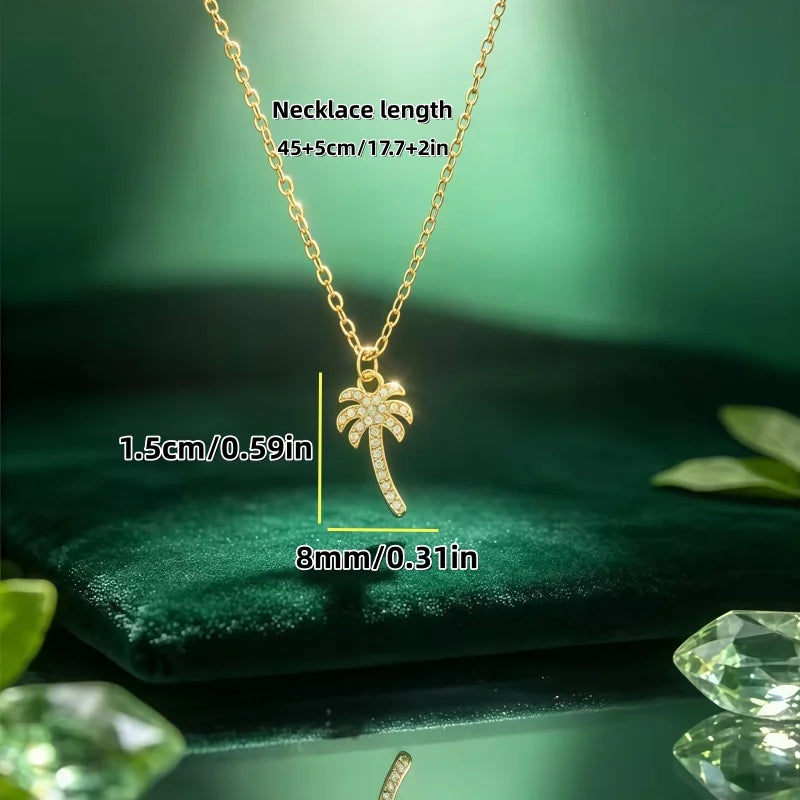 1Pc resort style 18K gold coconut tree inlaid with zircon palm tree necklace pendant, summer atmosphere versatile titanium steel collarbone chain, unisex