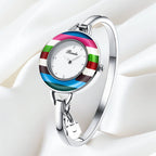 BINDA Elegant Quartz Watch Rainbow Gold Stainless Steel Bracelet Round Delicate Dial mbzr