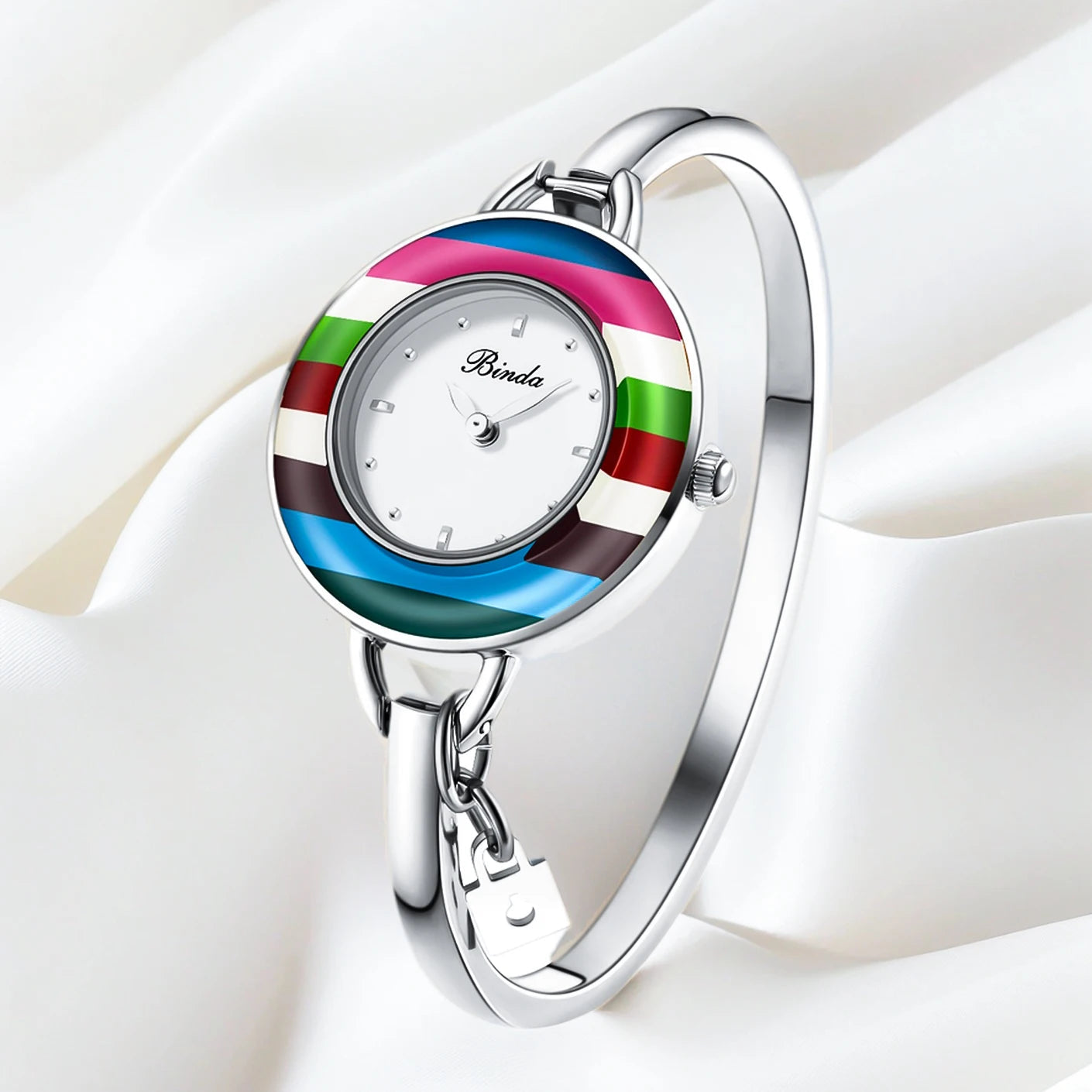 BINDA Elegant Quartz Watch Rainbow Gold Stainless Steel Bracelet Round Delicate Dial mbzr
