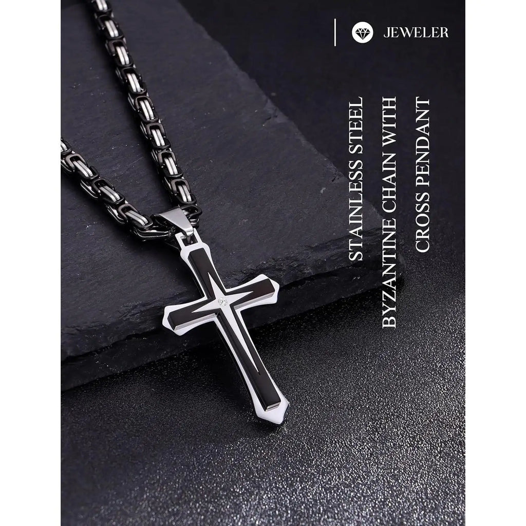 Black 14K Gold Plated Cross Necklace for Men Stainless Steel Byzantine Chain With Cross Pendant Necklace Mens Gifts 22-30Inch