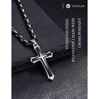 Black 14K Gold Plated Cross Necklace for Men Stainless Steel Byzantine Chain With Cross Pendant Necklace Mens Gifts 22-30Inch