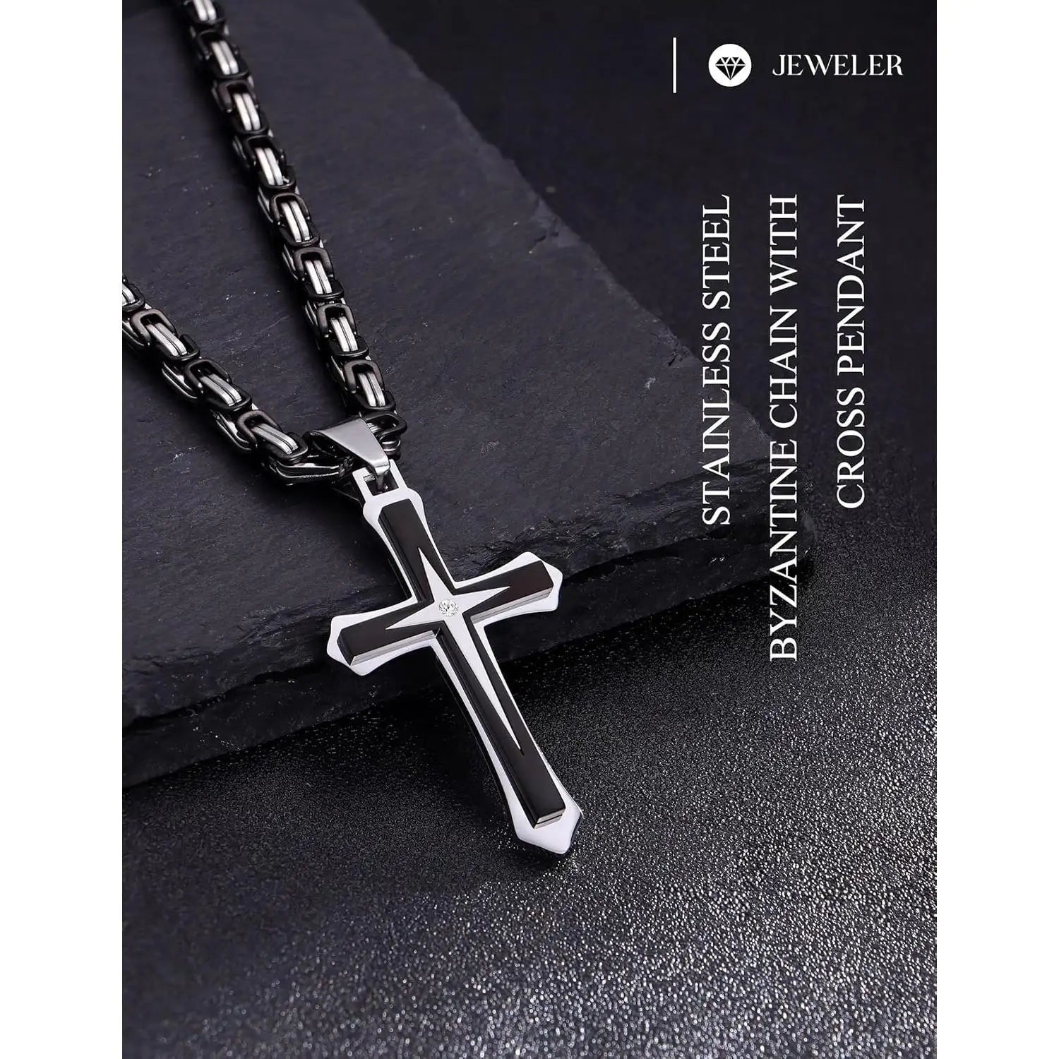 Black 14K Gold Plated Cross Necklace for Men Stainless Steel Byzantine Chain With Cross Pendant Necklace Mens Gifts 22-30Inch