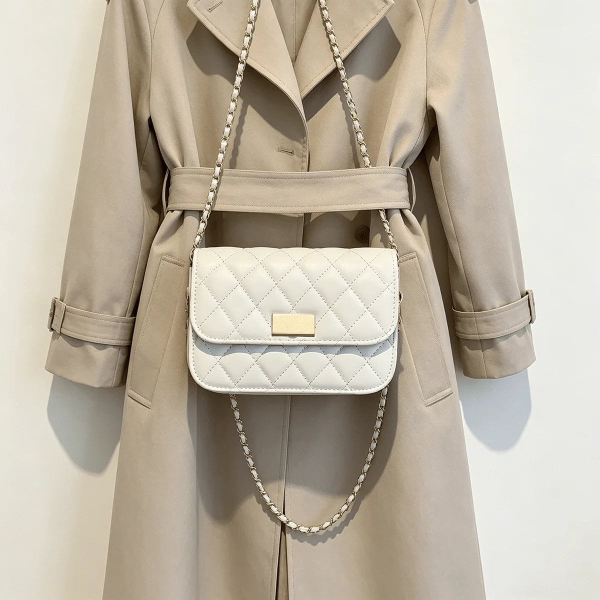 Quilted PU Leather Crossbody Bag with Gold Clasp & Chain Strap