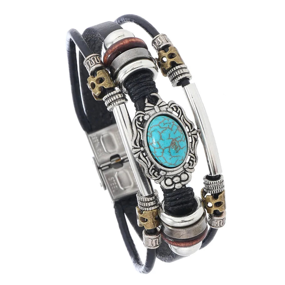 Men Bohemian Bracelet Imitation Turquoise Beaded Leather Durable Stainless Steel Clasp Cuff Hand Jewelry