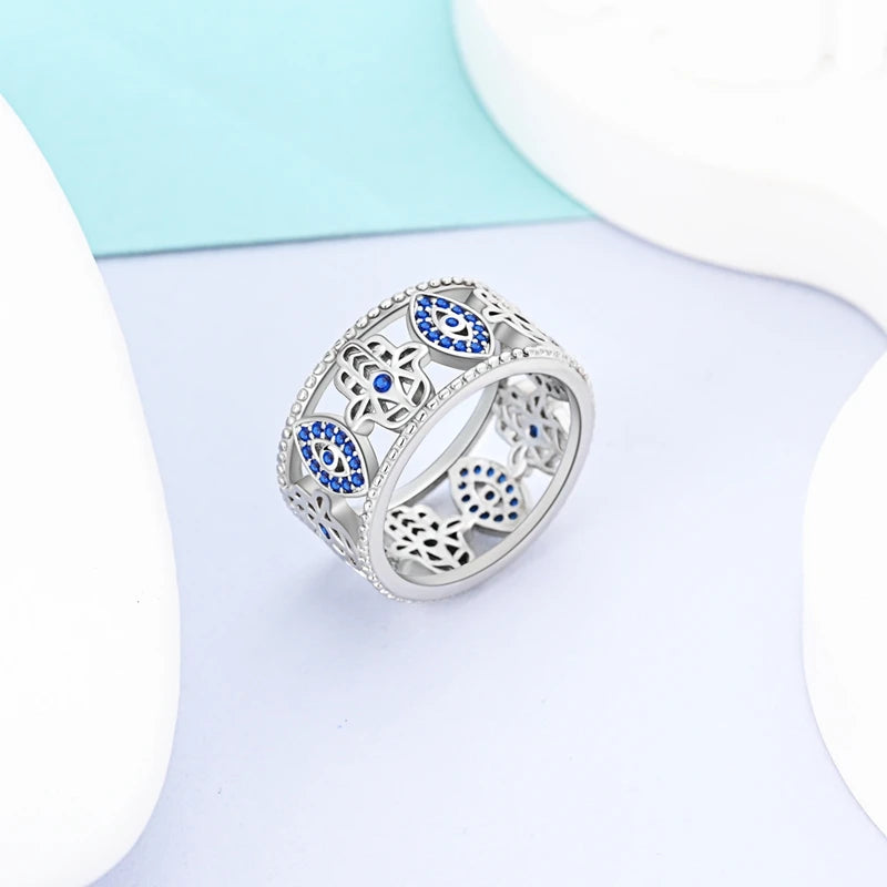 MULA Wedding Band Rings for Women Man 925 Sterling Silver Evil Eye Hand Celtic Knot Four-Leaf Clover Ring Stackable Jewelry Gift