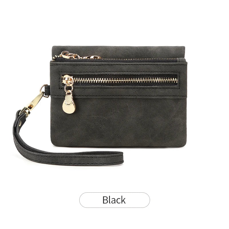 Retro double  fold PU leather short wallet with zipper coin pocket  multiple card slots and wrist band casual portable card clip mbzr