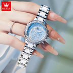 OLEVS 9999 Luxury Diamond Women Watch Fashion Blue Dial Stainless Steel Ceramic Strap Quartz Wristwatch Waterproof Calendar Window Watch