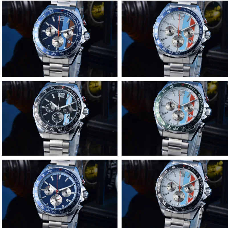 Men Racing Sport Quartz Chronograph Watch Stainless Steel Metal Bracelet 3 Sub-Dials Multicolor Dial Optional Tachymeter Bezel Date Calendar Luminous Waterproof Large Dial Business Casual Male Wrist Clock