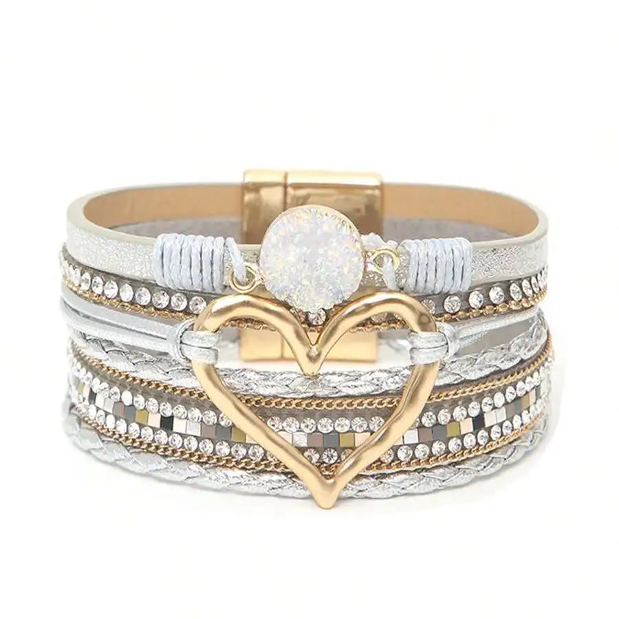 Layered PU Leather Heart Charm Wrap Bracelet With Magnetic Closure For Women, Boho Style, All Season Accessory mbzr