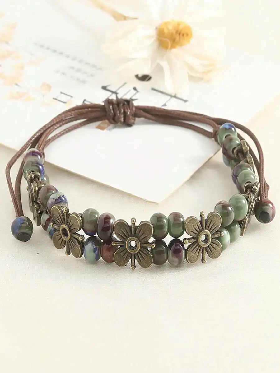 1Pc Vintage Bohemian Woven Leather Cord Bracelet For Women Girls, Handmade Colorful Beaded Bracelet With Flower Pendant Adjustable Knot, Boho Jewelry For Daily Party Dating Holiday Gift Accessory