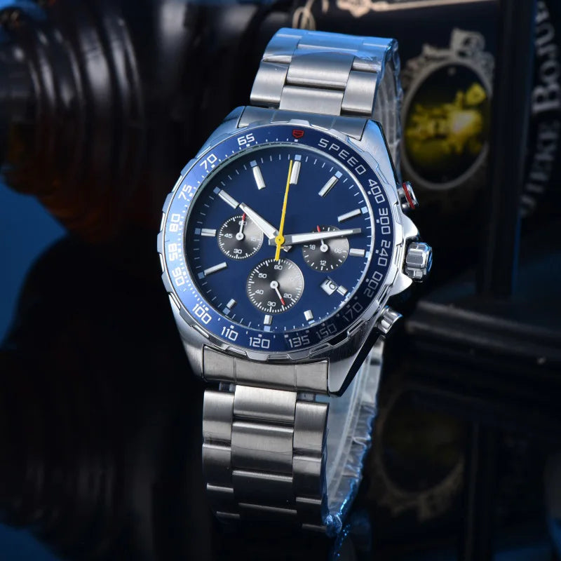 Men Racing Sport Quartz Chronograph Watch Stainless Steel Metal Bracelet 3 Sub-Dials Multicolor Dial Optional Tachymeter Bezel Date Calendar Luminous Waterproof Large Dial Business Casual Male Wrist Clock