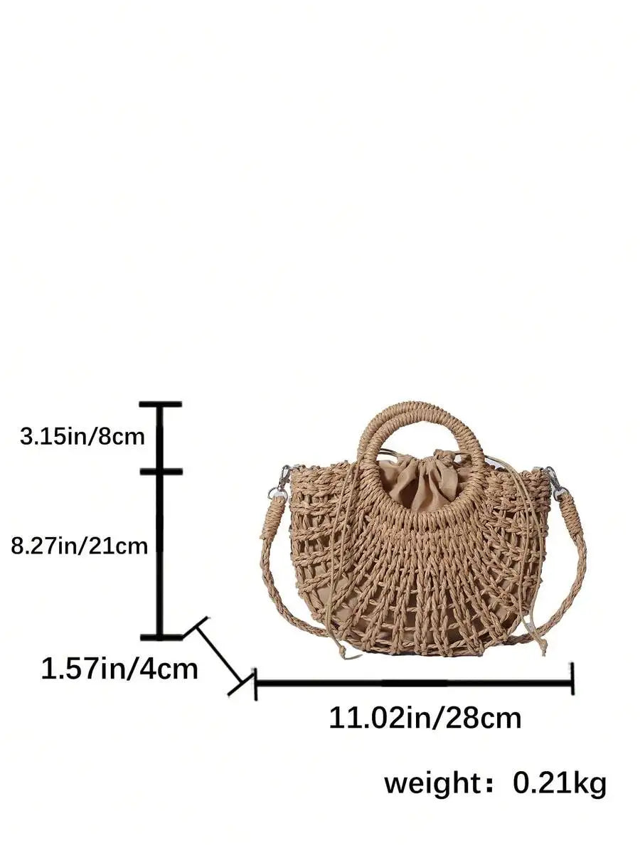 1pc Half-Moon Hollow Out Handbag, Fashionable Beach Vacation Straw Woven Bag, Vacation Bag For Summer, Perfect For Beach Vacatio mbzr