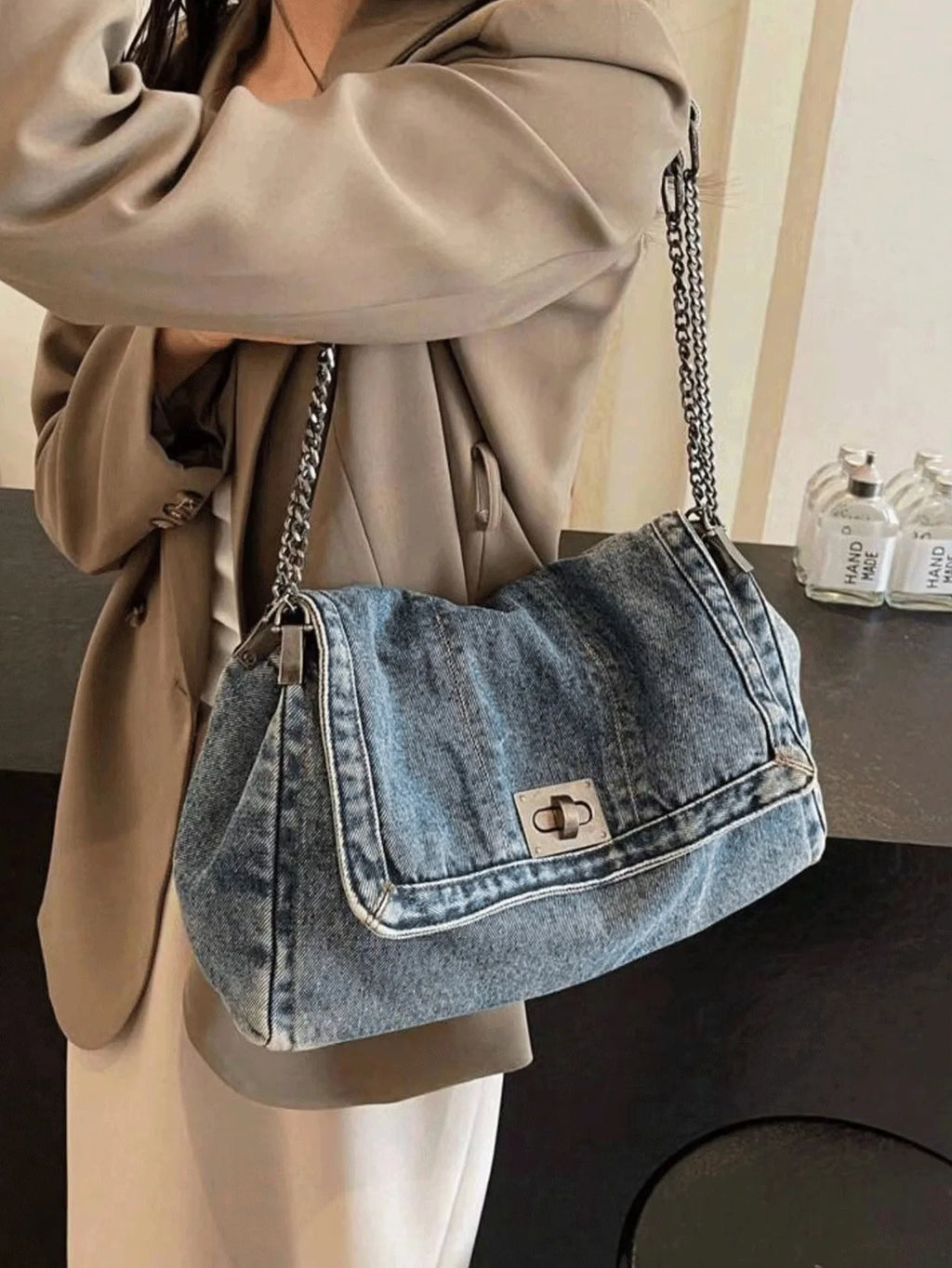 Classic Solid Retro Washed Denim Shoulder Bag, Quilted Stitch, Metal Chain, Large Capacity For Shopping & Daily Outings.Y2k