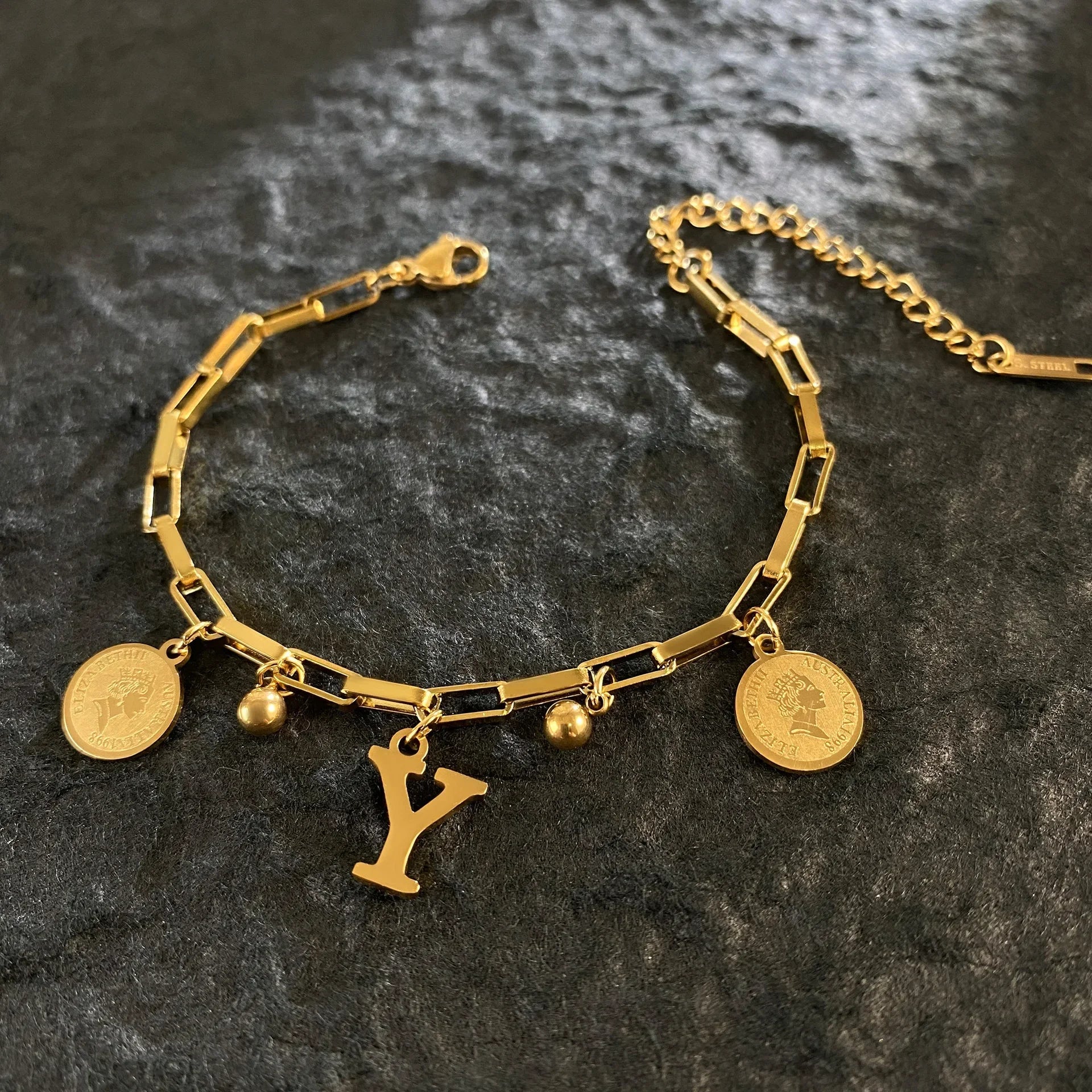 1pc Queen Coin Letter plated Stainless Steel Bracelet for Women Small Bell Pendant Adjustable Bracelet Classic Jewelry Gift