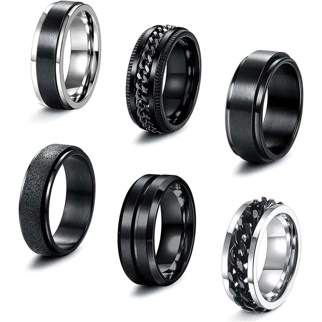 6 Pcs 6/8 MM Black Spinner Rings for Men Women Stainless Steel Fidget Ring Anxiety Stress Relieving Cool Chain Fashion Ring Set Wedding Promise Band Rings Size 7-13