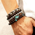 5-piece Bohemian Sea Turtle Vintage Wooden Shell Wax Rope Woven Bracelet Set