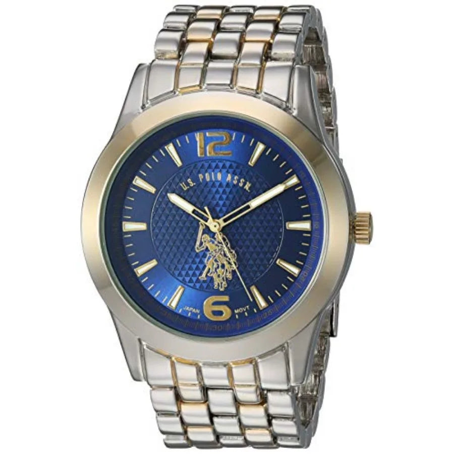 U.S. Polo Assn. Men's Analog Bracelet Watch Blue Dial with Gold-Tone Bezel and Two-Tone Stainless Steel Band Sleek, Durable, an mbzr