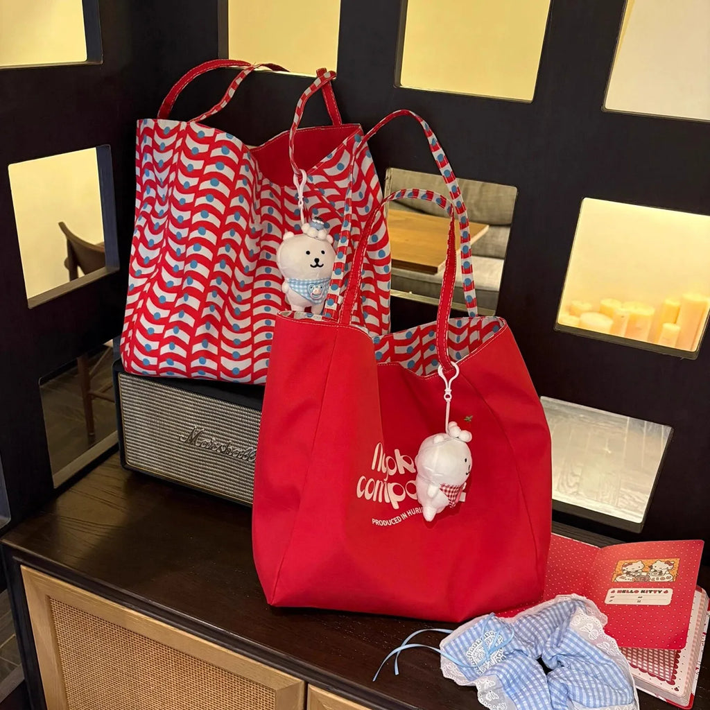 Reversible Wave Pattern Canvas Tote Bag, Large Capacity Shoulder Purse for Women, Casual Lazy Style Handbag for Work Commute mbzr
