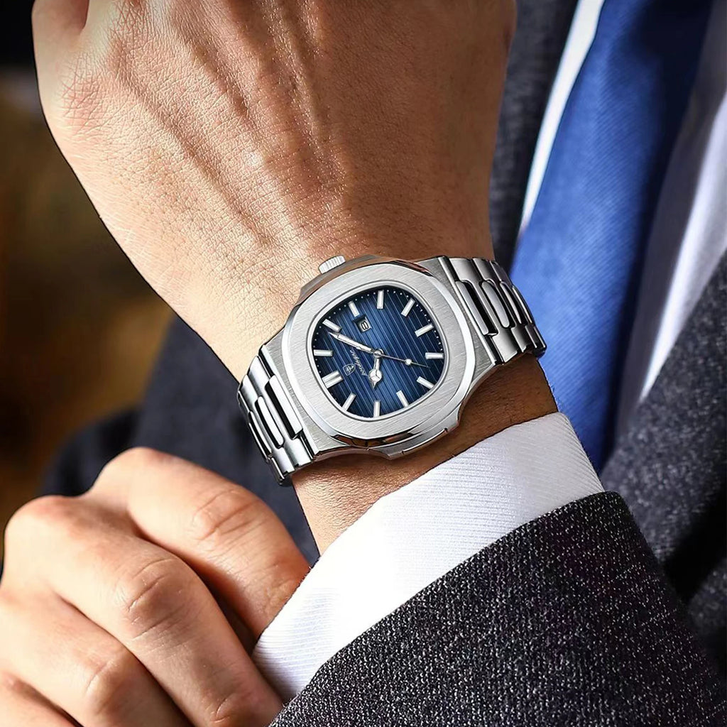 POEDAGAR Luxury Square Men’s Quartz Wristwatch Waterproof Luminous Date Stainless Steel Man Clock Business Sports Watches For Men Casual Male Reloj mbzr
