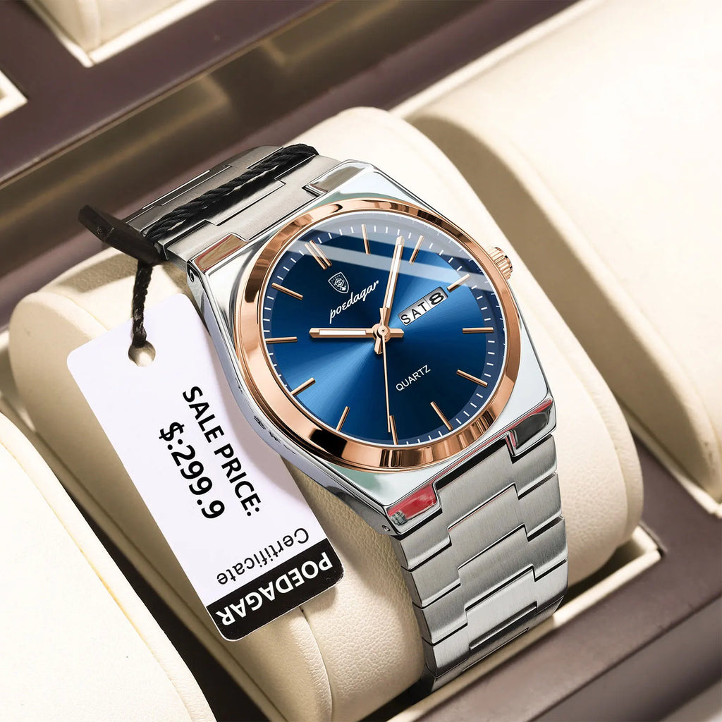 POEDAGAR Luxury Men's Watches Waterproof Luminous Date Week Men Watch Stainless Steel Casual Fashion Quartz Man Wristwatch Reloj mbzr