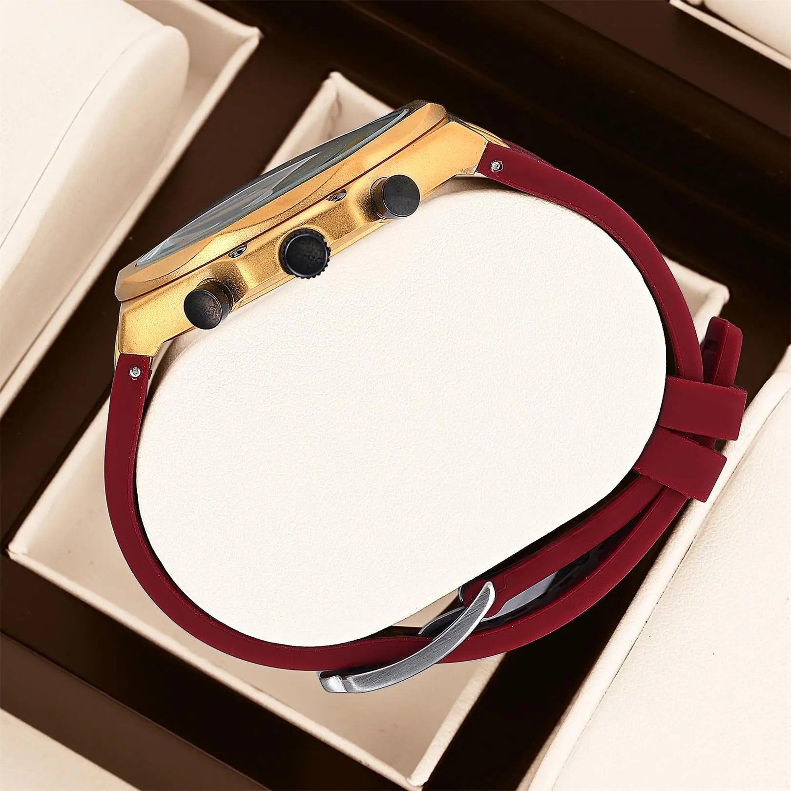 YaLaLuSi Octagon Gold Case Men Chronograph Watch Burgundy Red Grid Dial Silicone Strap Tachymeter Multi Sub Dial Date Waterproof Sports Quartz Wristwatch