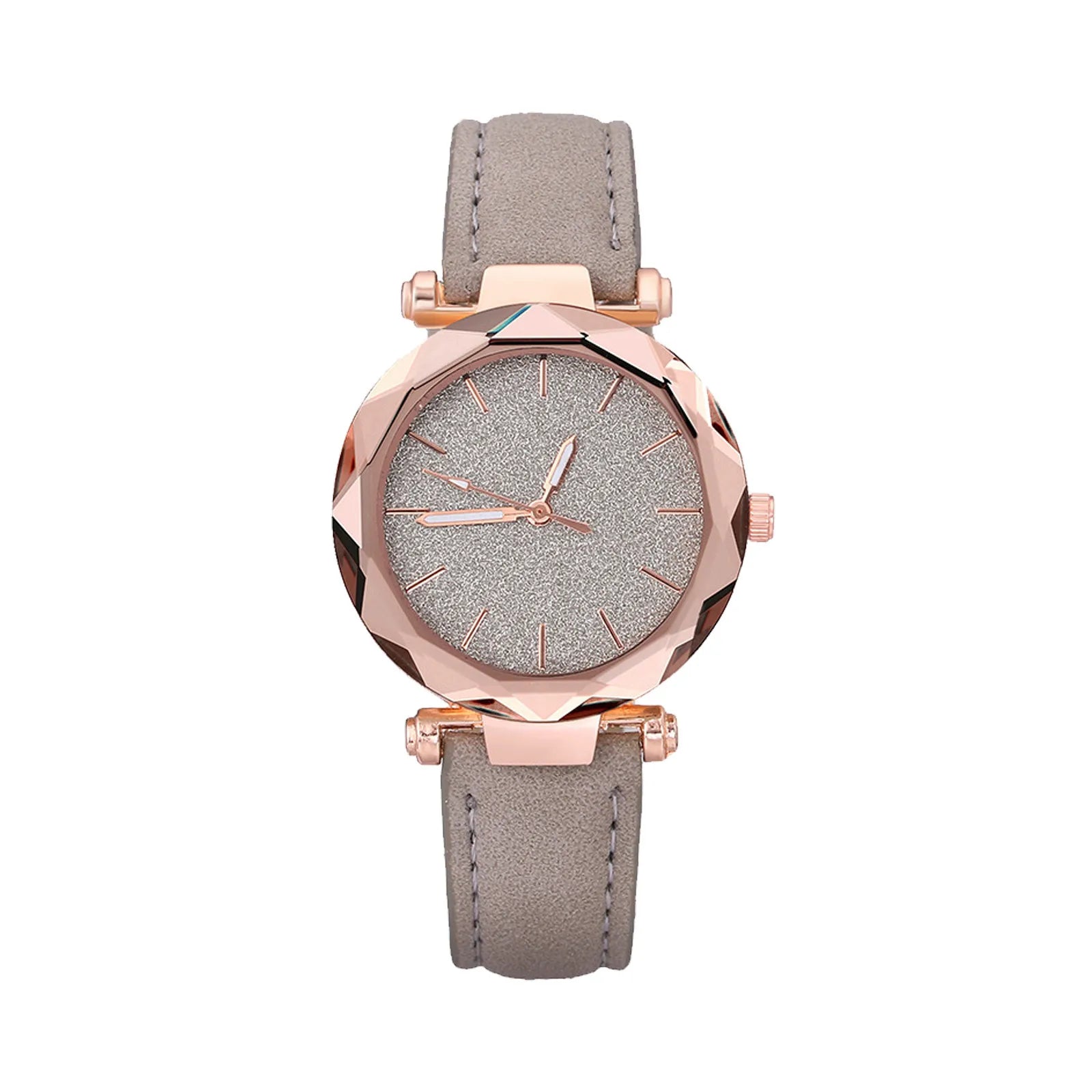 Rose gold shining dial ladies quartz watch gray leather strap fashion trend watch female business casual all-match watch