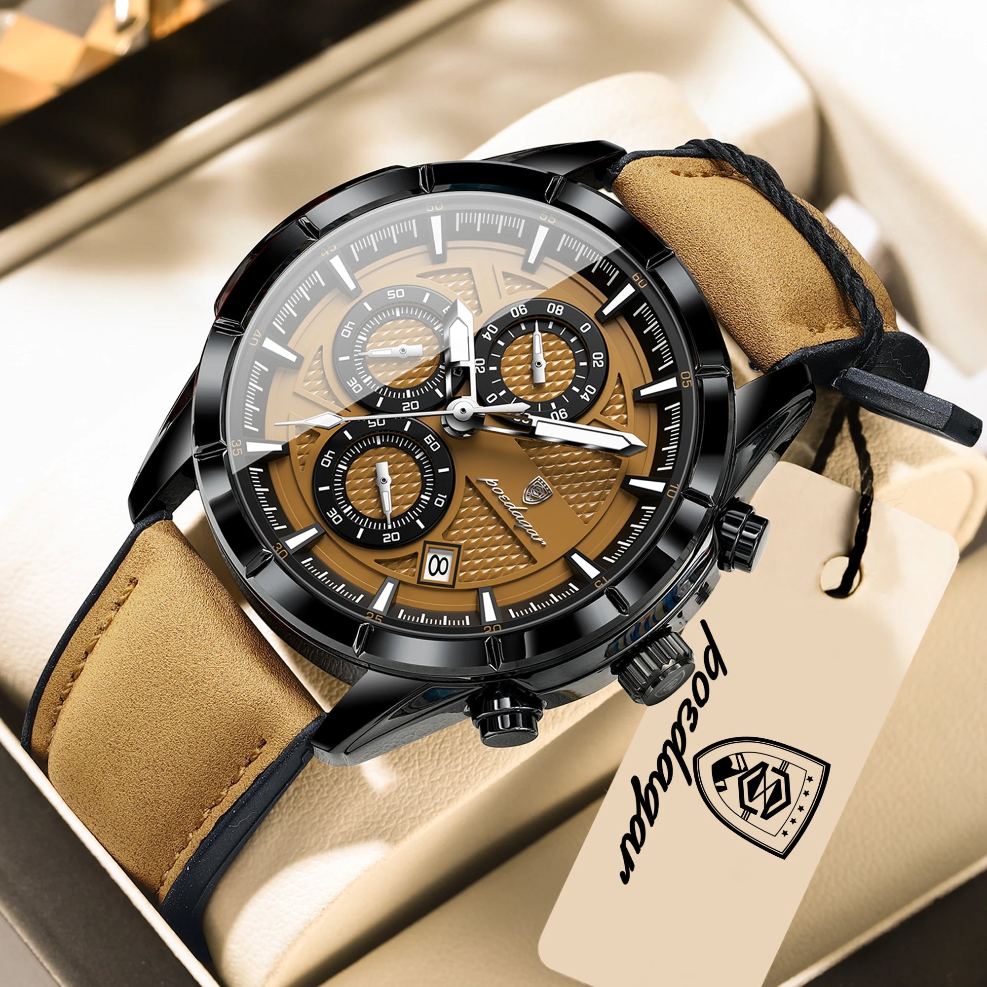 POEDAGAR Fashion Men Wristwatch Luminous Waterproof Leather Quartz Sports Men's Watches Date Chronograph Military Man Clock Gift mbzr