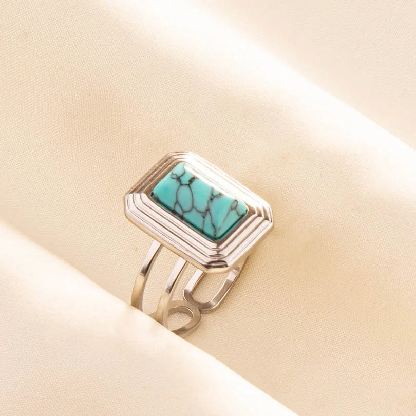 1pc Stainless Steel Boho Turquoise Open Finger Rings Trendy Adjustable Women Multi Layers Stackable