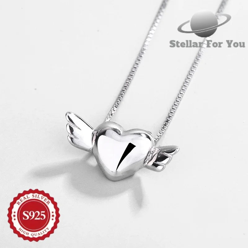 925 Pure Silver Small Wings Heart Pendant, Current Trend, Suitable for Both Men and Women, Daily Wear, Fashion Accessories, Perfect for Holidays and Gifts.