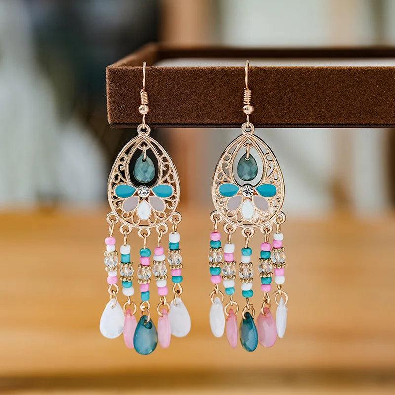 Ethnic style retro water droplet shaped long women's earrings, bohemian style with rice bead decoration fashionable women's earrings, daily wear jewelry accessories for her gift