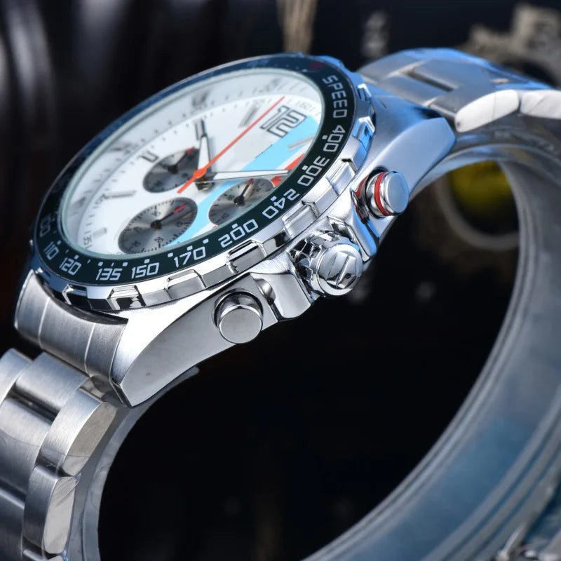 Men Racing Sport Quartz Chronograph Watch Stainless Steel Metal Bracelet 3 Sub-Dials Multicolor Dial Optional Tachymeter Bezel Date Calendar Luminous Waterproof Large Dial Business Casual Male Wrist Clock