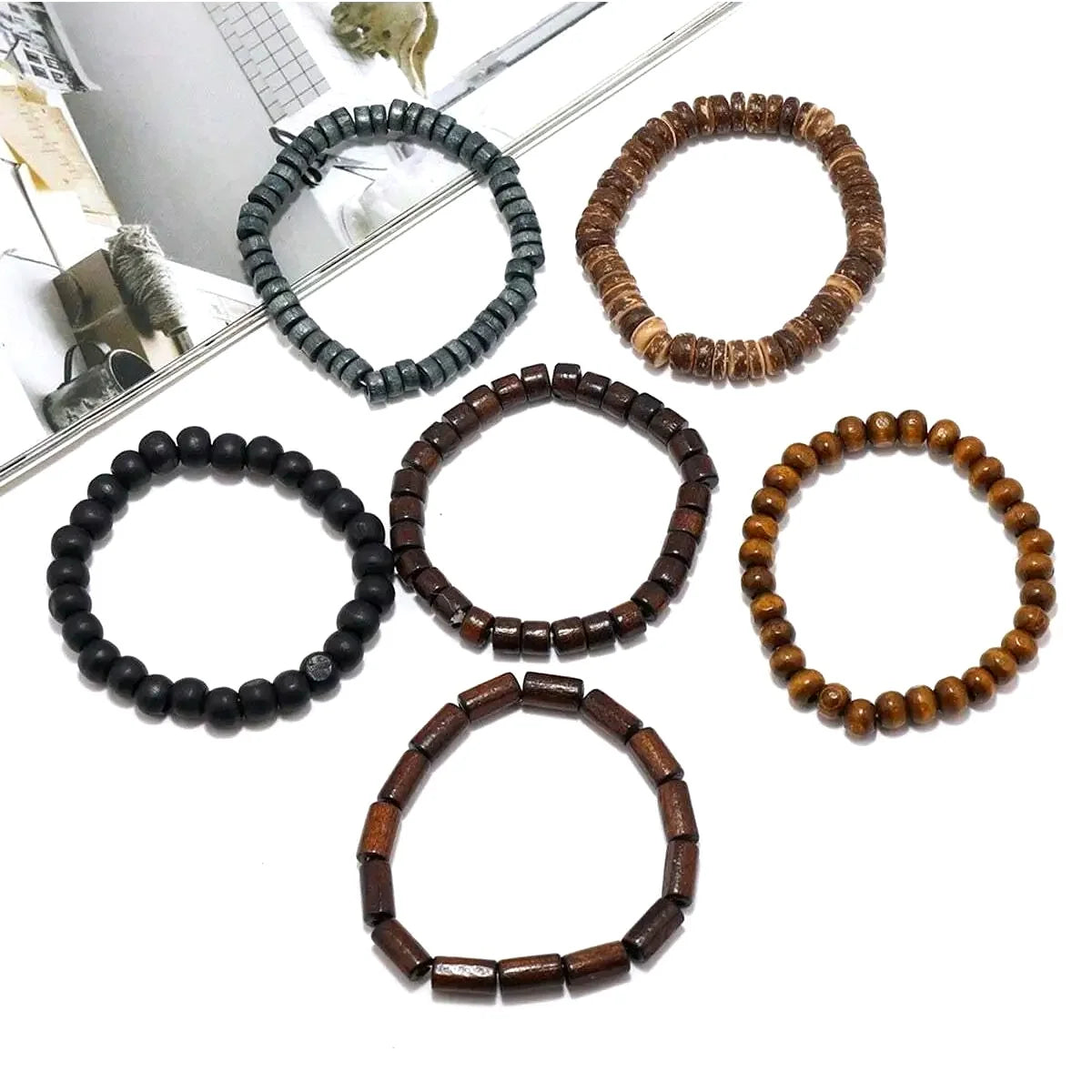 6PCS  Wodeen Braided Wrap Leather Bracelet for Men Vintage Life Wood Beads Fashion Male Armband