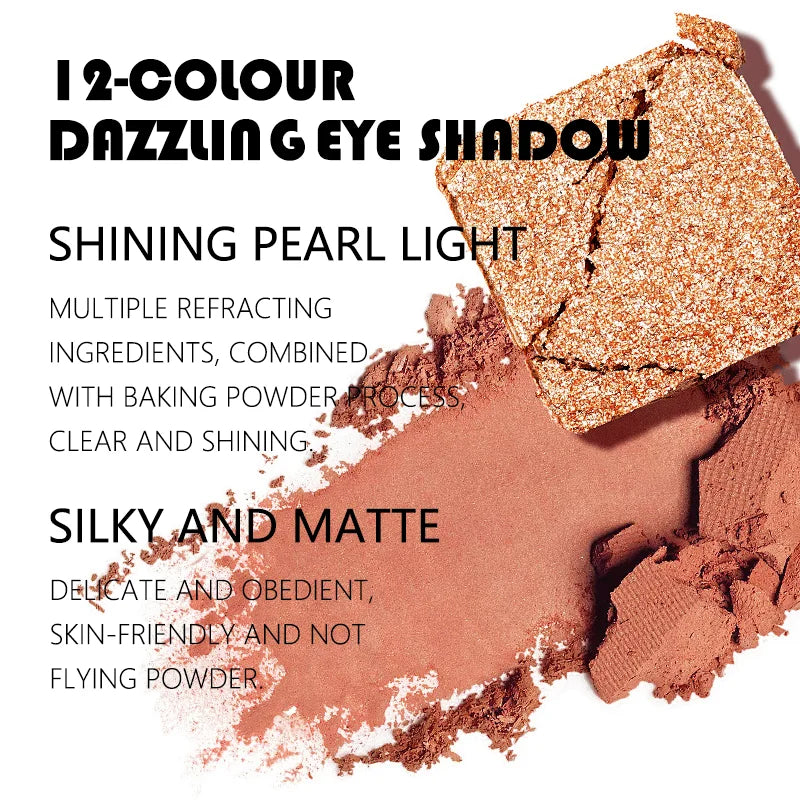 12-color eyeshadow palette, mirror packaging, pearlescent shimmer, stage makeup effect, long-lasting, easy to apply, waterproof mbzr