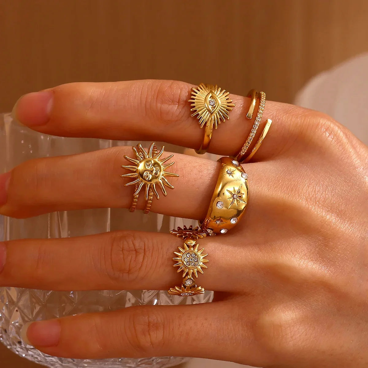 Stainless Steel Tiny Zircon Rings For Women Exquisite Gold Color Sun Double-Layer Ring Punk Hip-Hop Accessory Bague Jewelry Gift