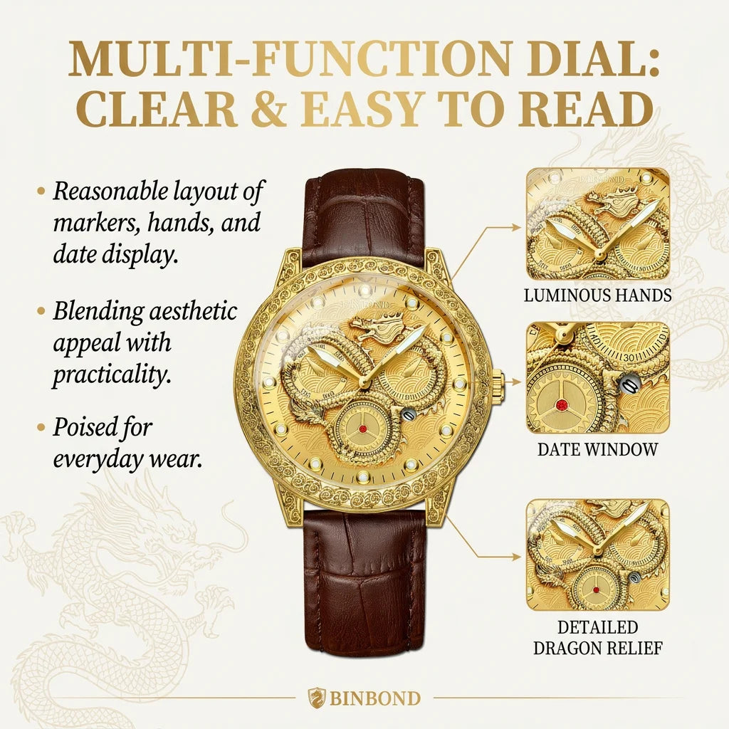1pcs Men's Gold Leather Band Luxury Business Moon Phase Quartz Watch for Party Holiday Gift mbzr