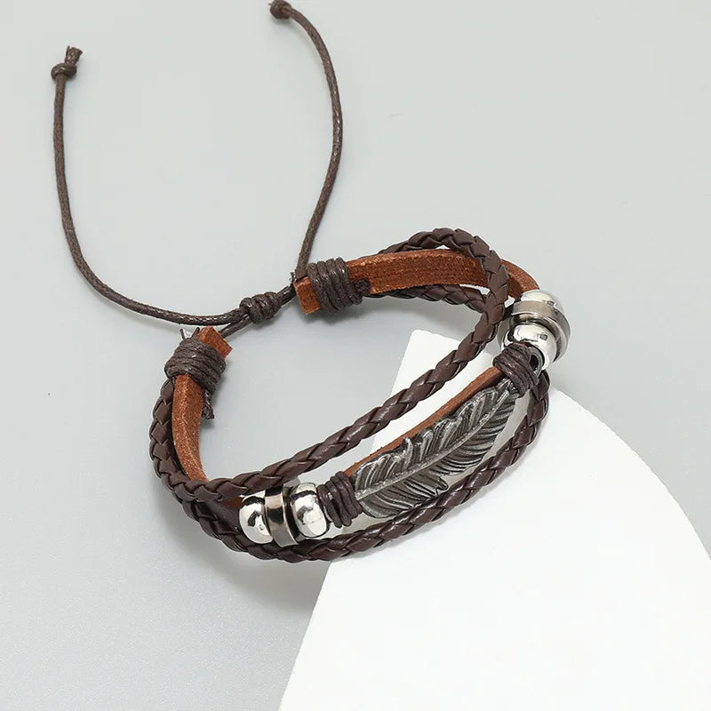 Vintage Bohemian Multi Layer PU Leather Wrap Bracelet Adjustable Pull Cord Unique Pattern Wrist Jewelry For Women Girls Daily Beach Party Birthday Gift For Her