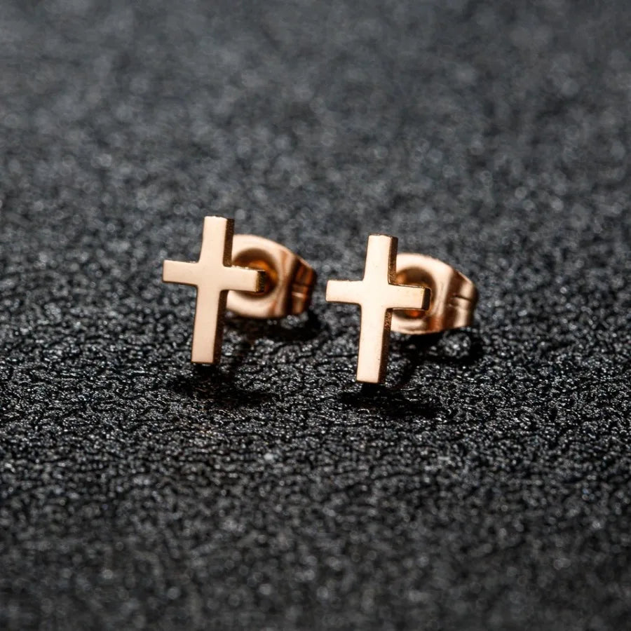 Golden Stainless Steel Small Cross Christianity Amulet Earrings For Women Hypoallergenic Stud Earrings For Girls Daily Wear