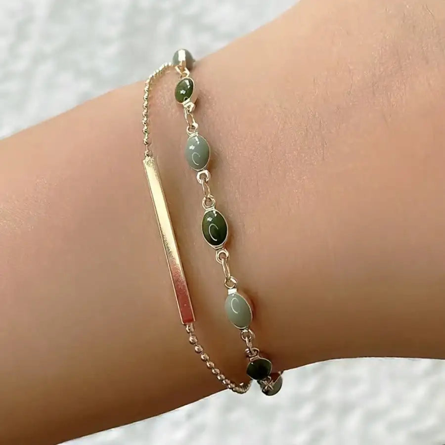 Gold Plated Green Stone Bead Bracelet Women Layered Bar Charm Bangle Minimalist Daily Party Jewelry mbzr