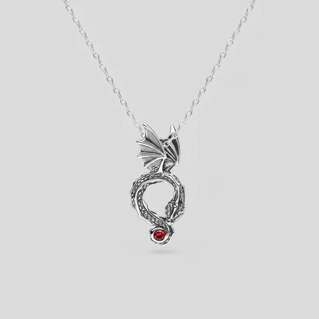 Retro-Style 925 Sterling Silver Necklace – Vintage Dragon Pendant with Red CZ Eyes, Neutral Series Guardian Beast Jewelry mbzr