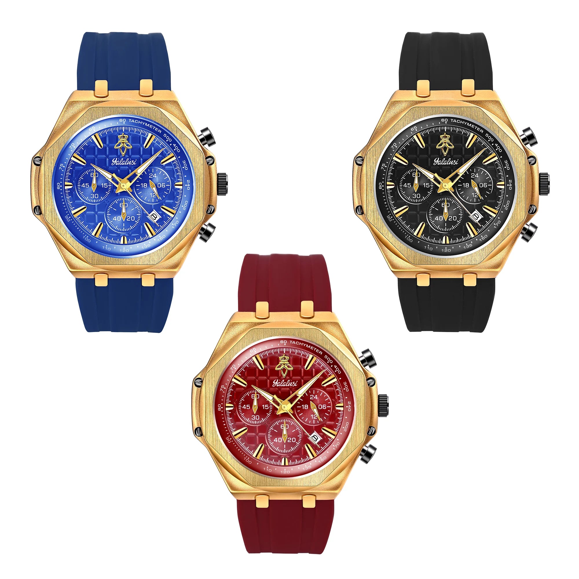 YaLaLuSi Octagon Gold Case Men Chronograph Watch Burgundy Red Grid Dial Silicone Strap Tachymeter Multi Sub Dial Date Waterproof Sports Quartz Wristwatch