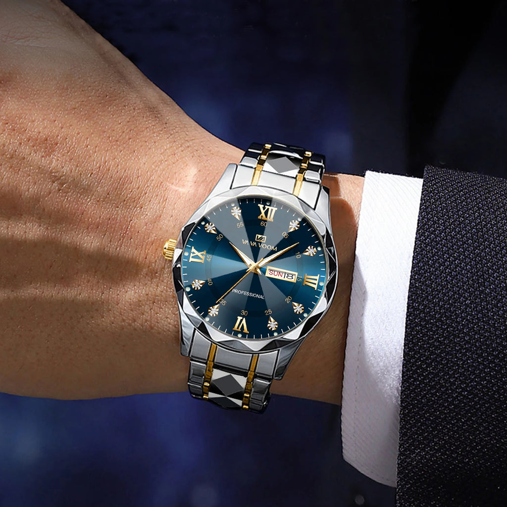 VA VA VOOM Hot Selling Original Blue Gold Quartz Watch Men Fashion High Quality Rhombus Design Fashion Business Japanese Movement Gold Stainless Steel Fashion Clock Sports Gift Watch for Men mbzr